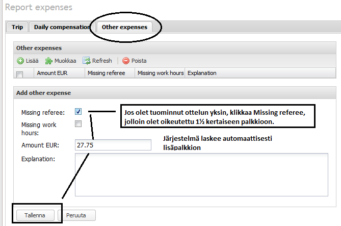 YKSIN TUOMAROITU OTTELU Jos olet tuominnut ottelun yksin: klikkaa Muut kulut rastita Puuttunut erotuomari järjestelmä laskee automaattisesti lisäpalkkion 50 % palkkiosta Mikäli tiedät syyn toisen