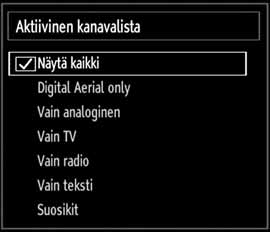 Asemien käsittely: Suosikit Voit luoda suosikkiohjelmien listan. Paina MENU -painiketta päävalikon katsomiseksi. Valitse Kanavalistan kohta tai painiketta käyttämällä.