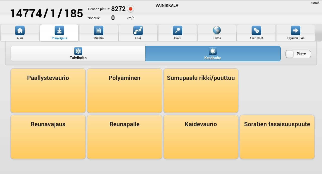 Kuva 13. Muistiossa saa tehtyä erilaisia kortteja (10) Pikakirjauksen avulla voidaan nopeasti kirjata ylös havaittu puute tietyllä välillä tai pisteessä (kuva 14). Kuva 14.