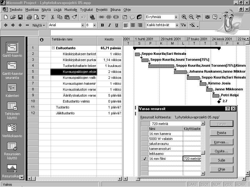 88 Microsoft Project 2000 Trainer Tässä harjoituksessa varataan materiaaliresurssi 16 mm filmi tehtävälle ja syötetään kiinteähintainen kustannus.