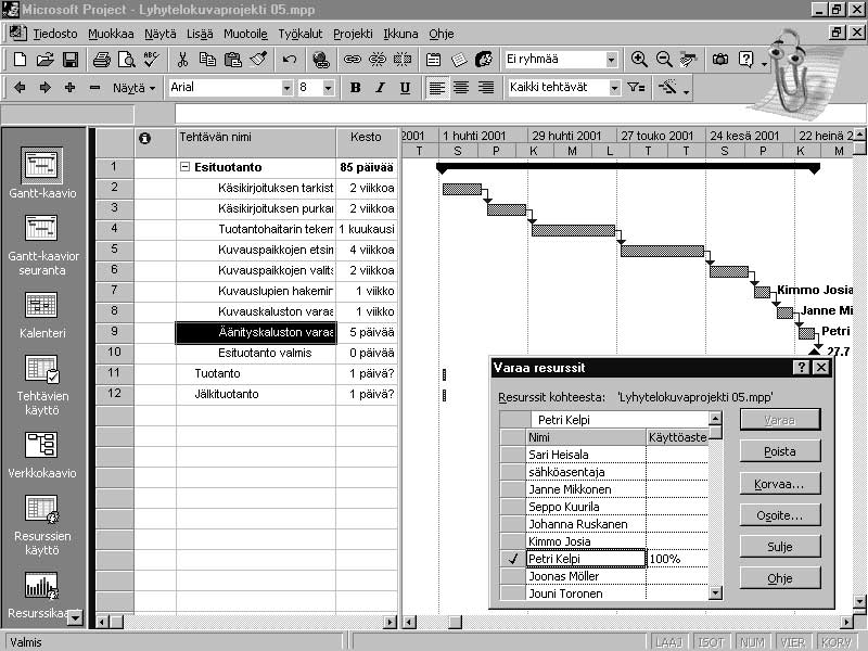 74 Microsoft Project 2000 Trainer 9 Sulje Varaa resurssit -valintaikkuna napsauttamalla Sulje-painiketta.