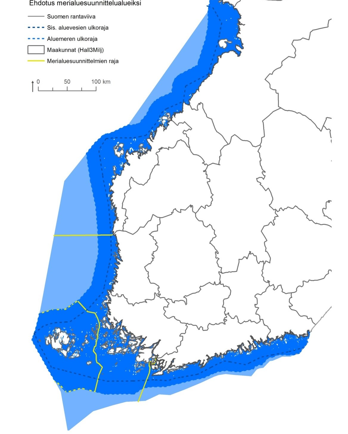 Ehdotus merialuesuunnitelmaalueiksi Merialuesuunnitelmat kattaisivat aluevedet ja