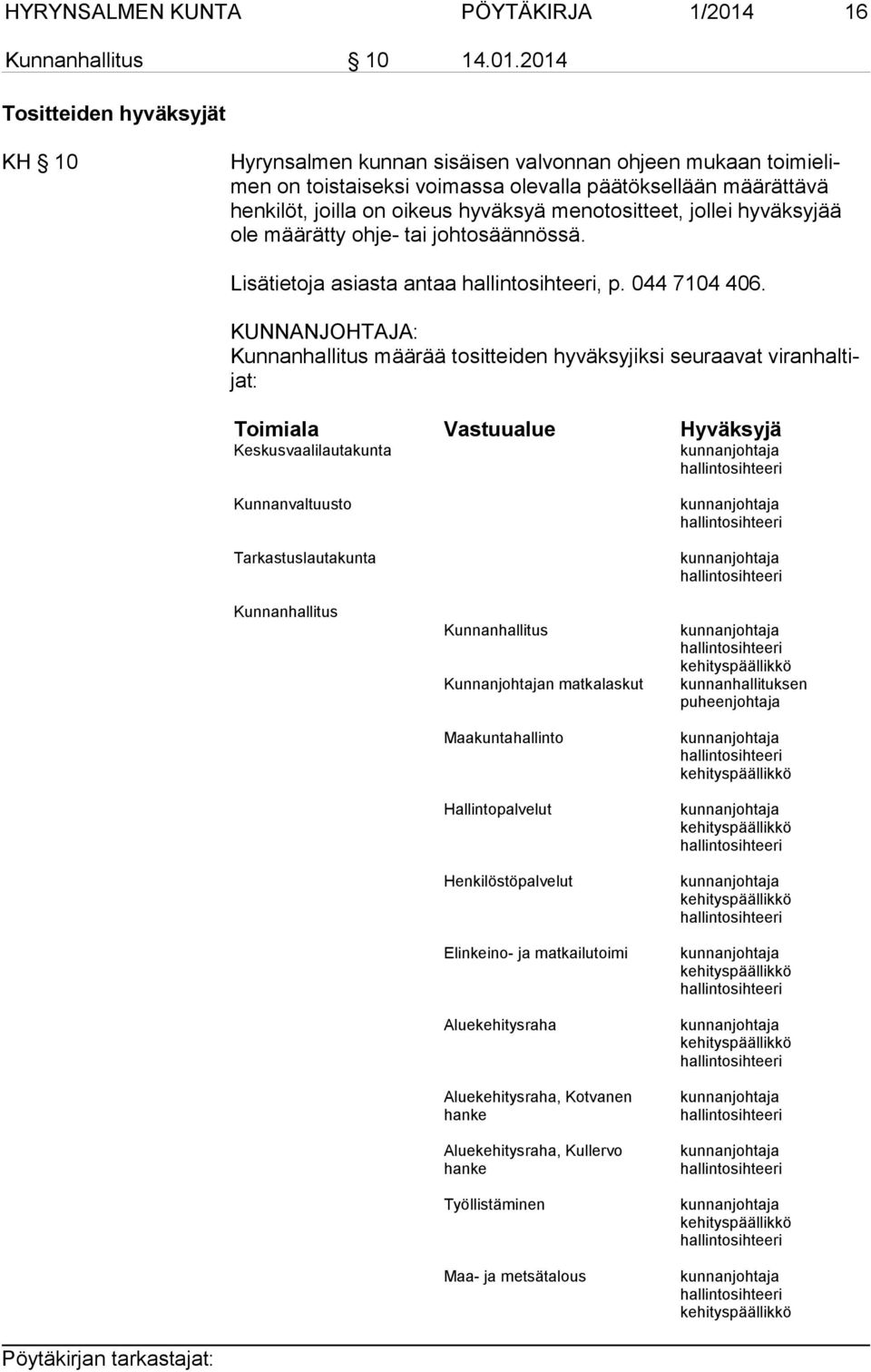 2014 Tositteiden hyväksyjät KH 10 Hyrynsalmen kunnan sisäisen valvonnan ohjeen mukaan toimielimen on toistaiseksi voimassa olevalla päätöksellään määrättävä henkilöt, joilla on oikeus hyväksyä