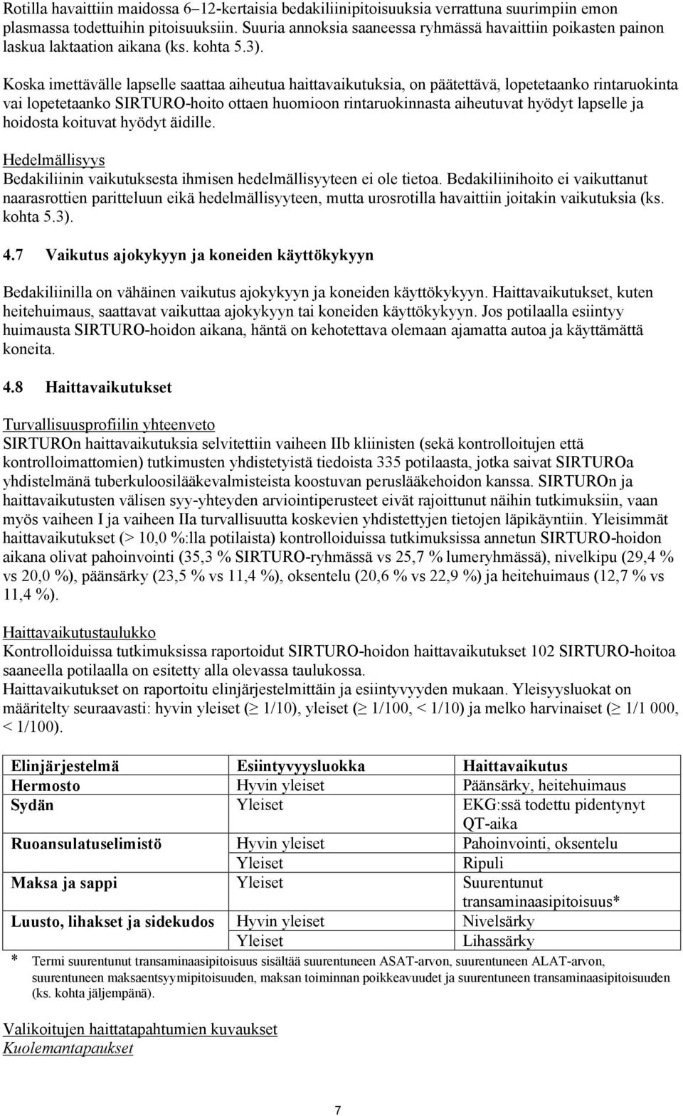 Koska imettävälle lapselle saattaa aiheutua haittavaikutuksia, on päätettävä, lopetetaanko rintaruokinta vai lopetetaanko SIRTURO-hoito ottaen huomioon rintaruokinnasta aiheutuvat hyödyt lapselle ja