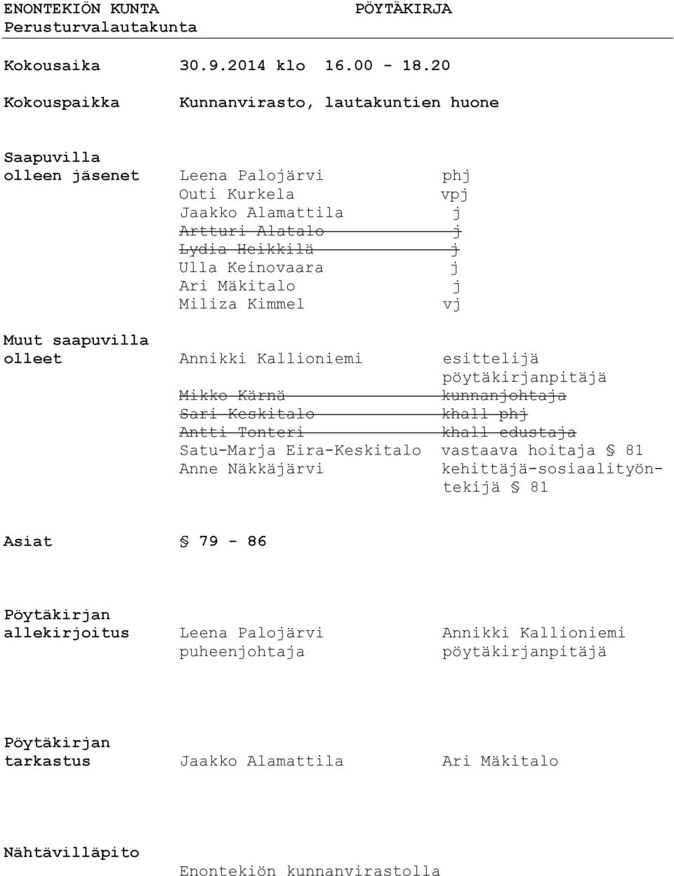 Keinovaara j Ari Mäkitalo j Miliza Kimmel vj Muut saapuvilla olleet Annikki Kallioniemi esittelijä pöytäkirjanpitäjä Mikko Kärnä kunnanjohtaja Sari Keskitalo khall phj Antti Tonteri