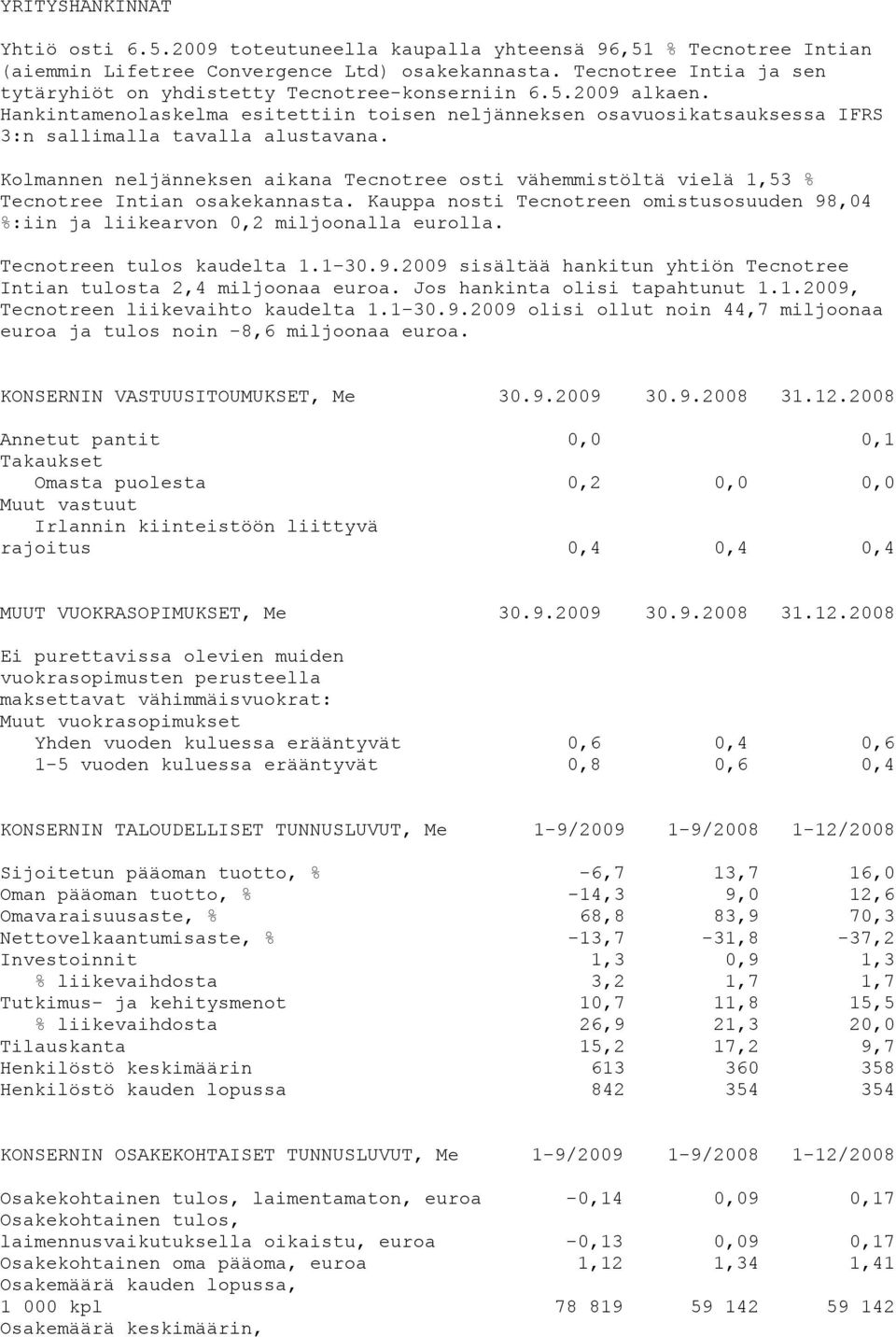 Kolmannen neljänneksen aikana Tecnotree osti vähemmistöltä vielä 1,53 % Tecnotree Intian osakekannasta. Kauppa nosti Tecnotreen omistusosuuden 98,04 %:iin ja liikearvon 0,2 miljoonalla eurolla.