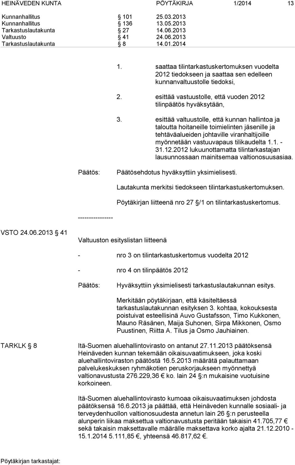 esittää valtuustolle, että kunnan hallintoa ja taloutta hoitaneille toimielinten jäsenille ja tehtäväalueiden johtaville viranhaltijoille myönnetään vastuuvapaus tilikaudelta 1.1. - 31.12.