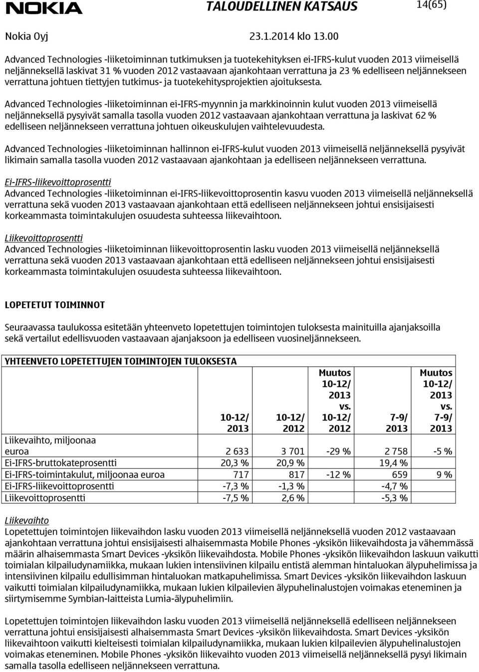 Advanced Technologies -liiketoiminnan ei-ifrs-myynnin ja markkinoinnin kulut vuoden viimeisellä neljänneksellä pysyivät samalla tasolla vuoden 2012 vastaavaan ajankohtaan verrattuna ja laskivat 62 %