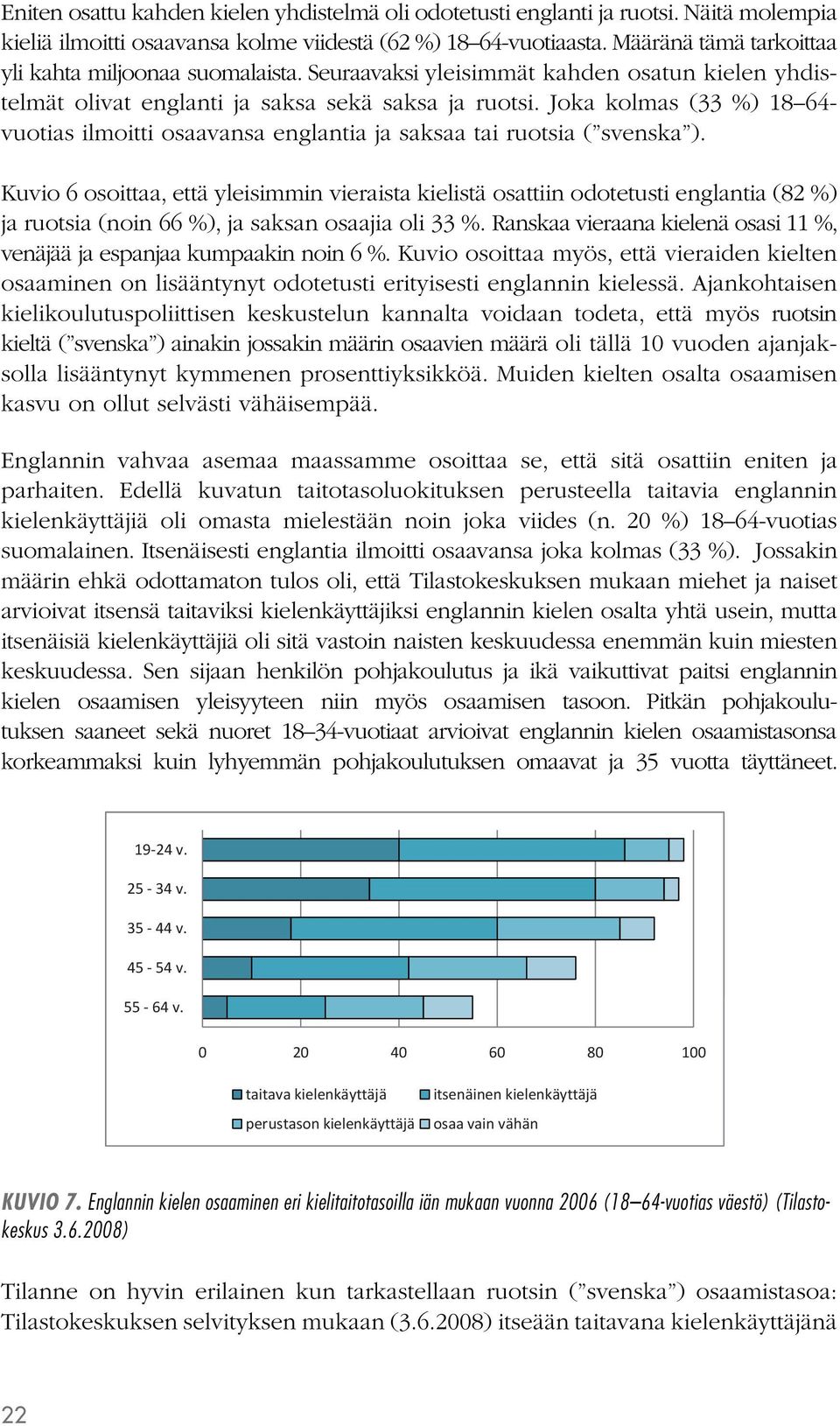 Joka kolmas (33 %) 18 64- vuotias ilmoitti osaavansa englantia ja saksaa tai ruotsia ( svenska ).