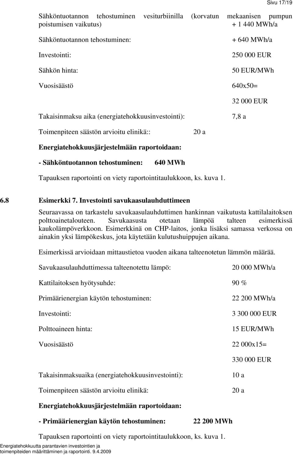 Sähköntuotannon tehostuminen: 640 MWh Tapauksen raportointi on viety raportointitaulukkoon, ks. kuva 1. 6.8 Esimerkki 7.