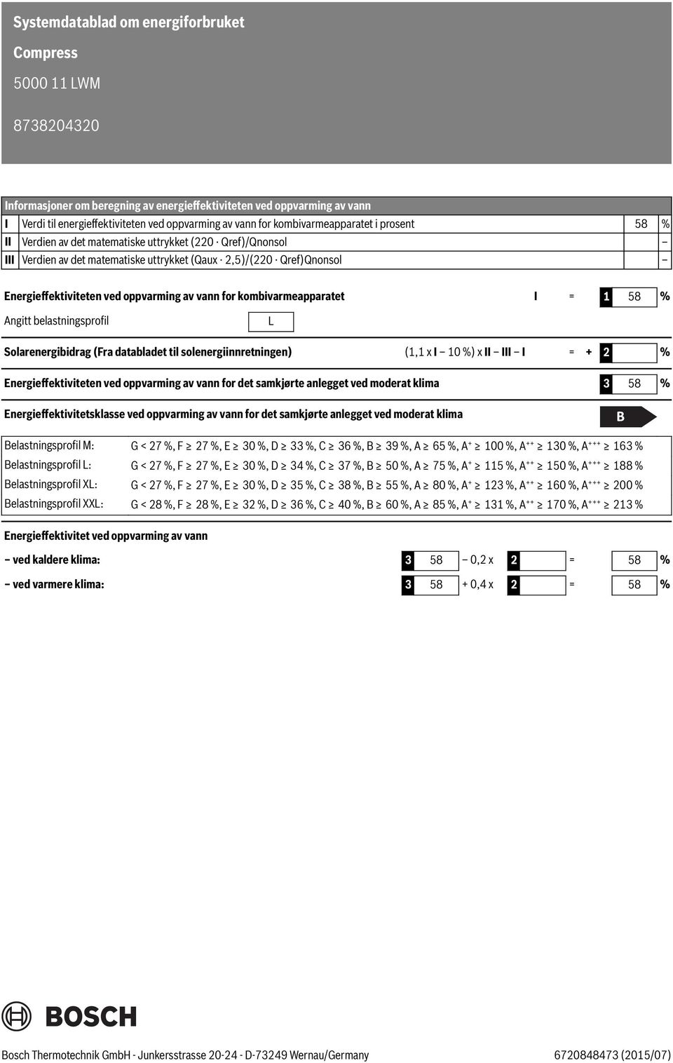 kombivarmeapparatet I = 1 58 % Angitt belastningsprofil Solarenergibidrag (Fra databladet til solenergiinnretningen) (1,1 x I 10 %) x II III I = + 2 % Energieffektiviteten ved oppvarming av vann for