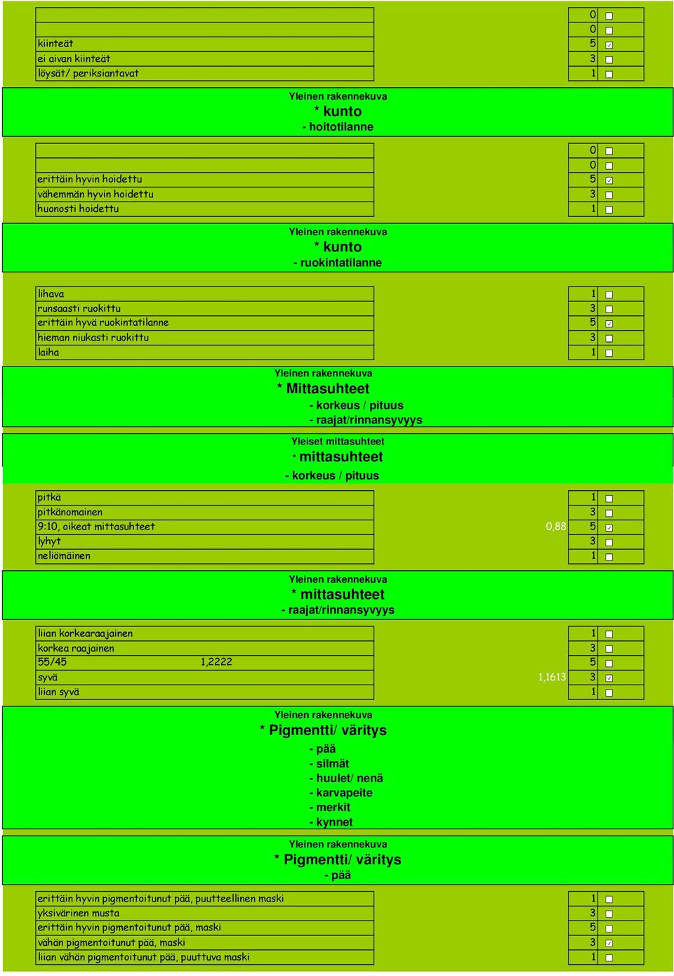 pitkänomainen 0,88 9:0, oikeat mittasuhteet 0,88 lyhyt 0,88 neliömäinen 0,88 * mittasuhteet - raajat/rinnansyvyys liian korkearaajainen,6 korkea raajainen,44467,4666667,6 /4,2222,000000,44444,6