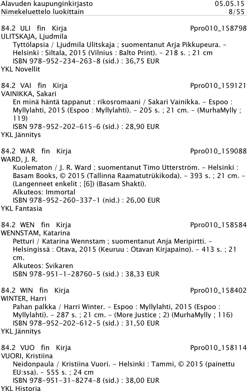 - Espoo : Myllylahti, 2015 (Espoo : Myllylahti). - 205 s. ; 21 cm. - (MurhaMylly ; 119) ISBN 978-952-202-615-6 (sid.) : 28,90 EUR YKL Jännitys 84.2 WAR fin Kirja Ppro010_159088 WARD, J. R.