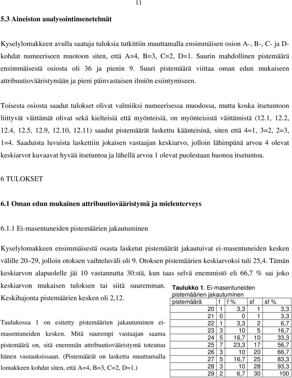 Toisesta osiosta saadut tulokset olivat valmiiksi numeerisessa muodossa, mutta koska itsetuntoon liittyvät väittämät olivat sekä kielteisiä että myönteisiä, on myönteisistä väittämistä (12.1, 12.