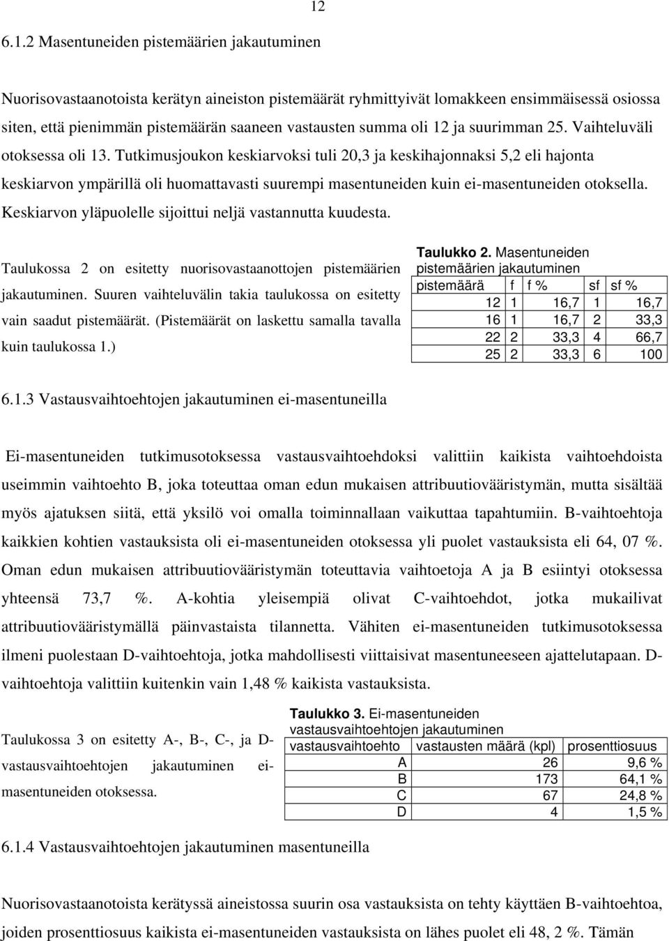 Tutkimusjoukon keskiarvoksi tuli 20,3 ja keskihajonnaksi 5,2 eli hajonta keskiarvon ympärillä oli huomattavasti suurempi masentuneiden kuin ei-masentuneiden otoksella.
