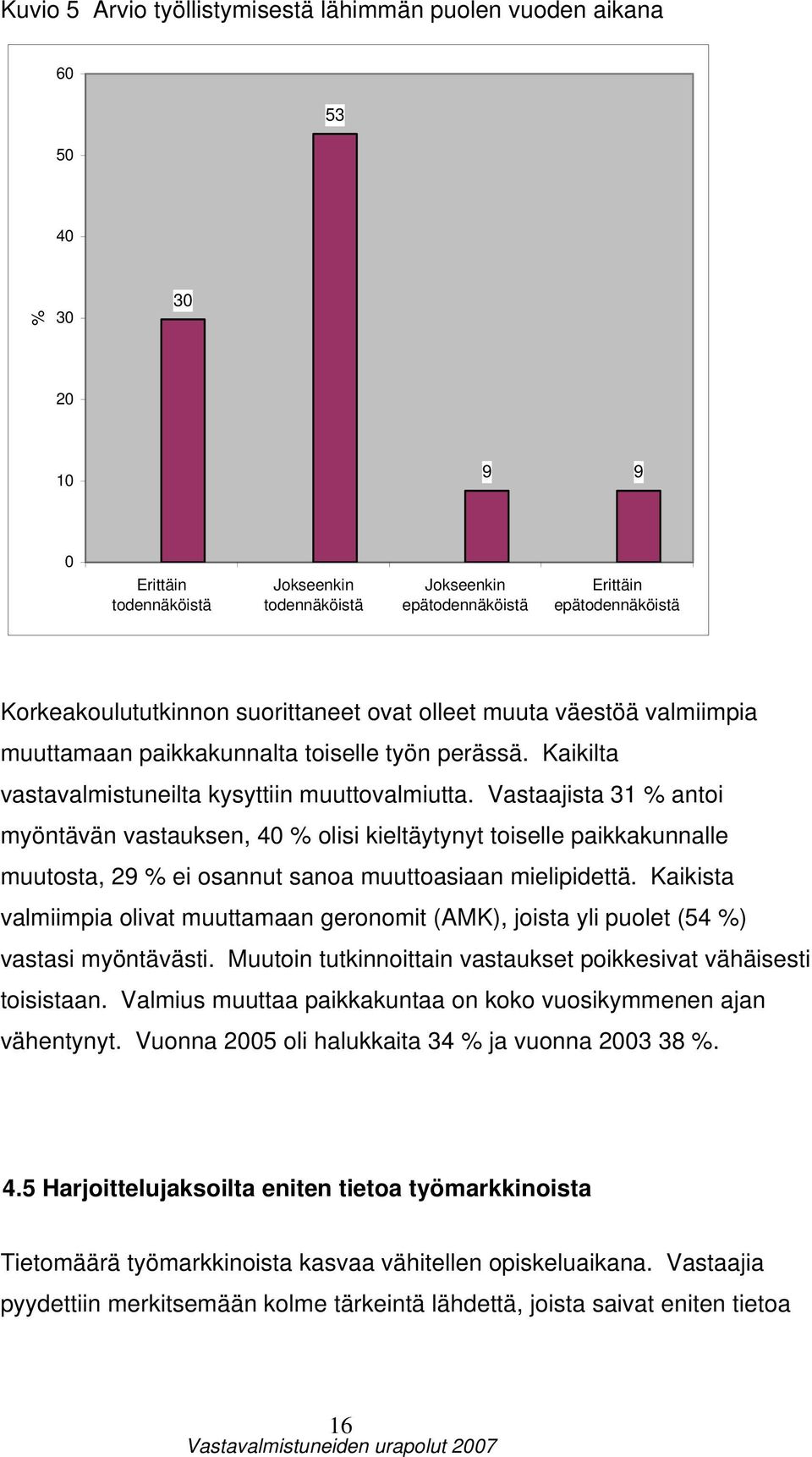 Vastaajista 31 % antoi myöntävän vastauksen, 40 % olisi kieltäytynyt toiselle paikkakunnalle muutosta, 29 % ei osannut sanoa muuttoasiaan mielipidettä.