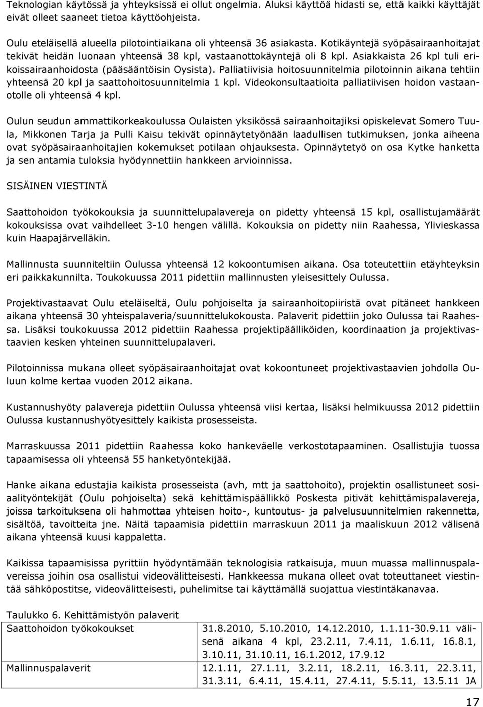 Asiakkaista 26 kpl tuli erikoissairaanhoidosta (pääsääntöisin Oysista). Palliatiivisia hoitosuunnitelmia pilotoinnin aikana tehtiin yhteensä 20 kpl ja saattohoitosuunnitelmia 1 kpl.