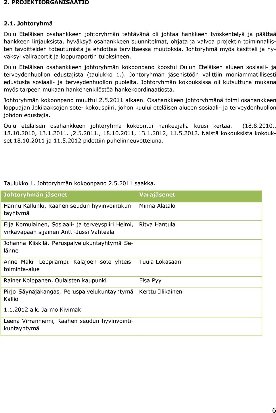 toiminnallisten tavoitteiden toteutumista ja ehdottaa tarvittaessa muutoksia. Johtoryhmä myös käsitteli ja hyväksyi väliraportit ja loppuraportin tuloksineen.