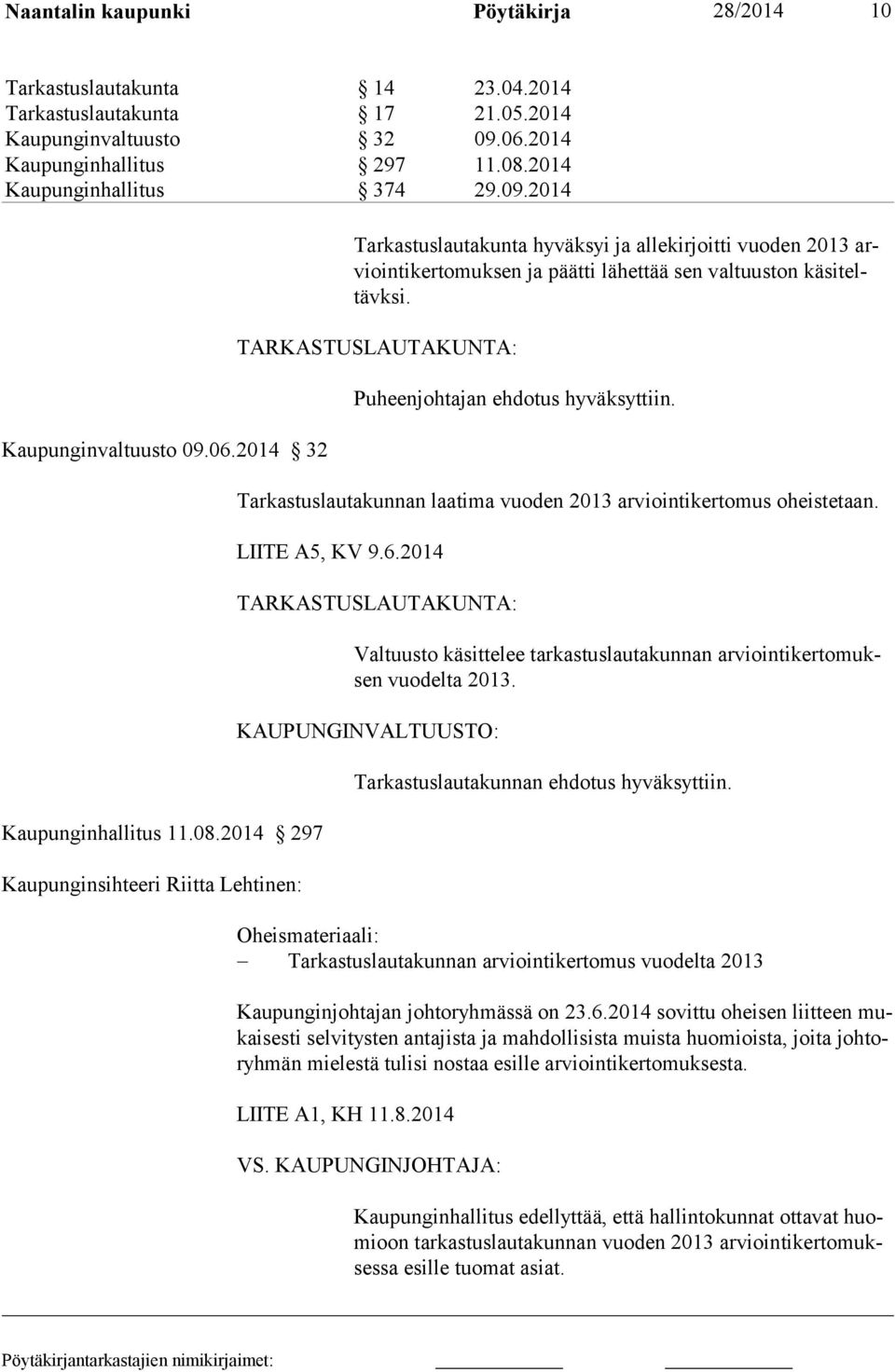 2014 297 Kaupunginsihteeri Riitta Lehtinen: Tarkastuslautakunta hyväksyi ja allekirjoitti vuoden 2013 arviointikertomuksen ja päätti lähettää sen valtuuston käsiteltävksi.