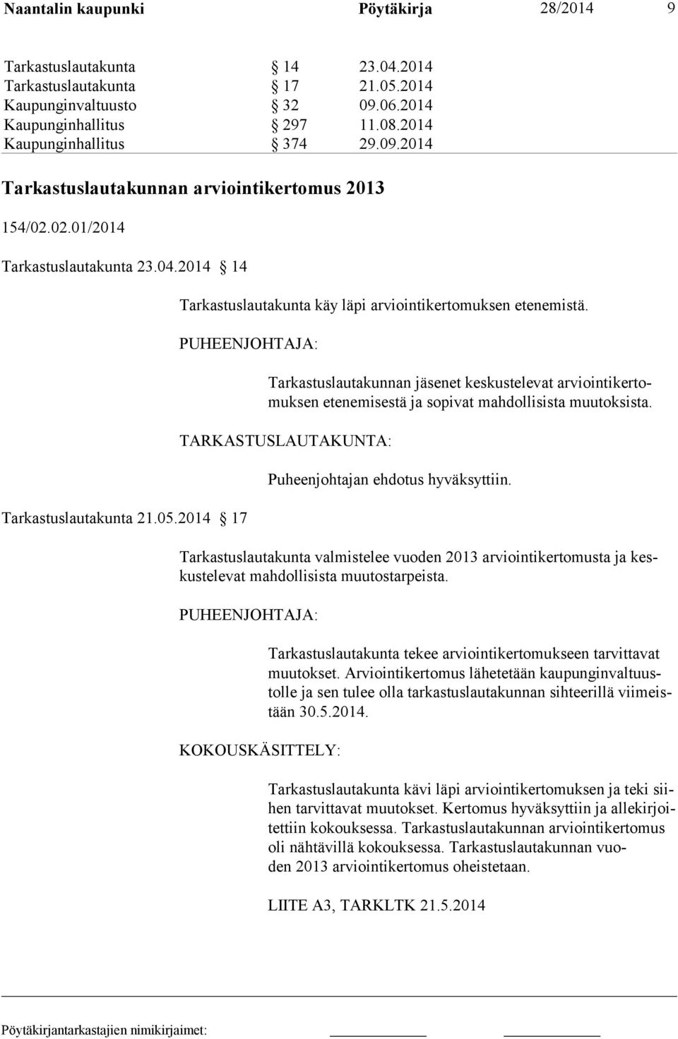 PUHEENJOHTAJA: Tarkastuslautakunnan jäsenet keskustelevat arviointikertomuksen etenemisestä ja sopivat mahdollisista muutoksista. TARKASTUSLAUTAKUNTA: Puheenjohtajan ehdotus hyväksyttiin.