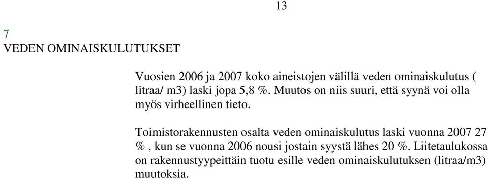 Toimistorakennusten osalta veden ominaiskulutus laski vuonna 2007 27 %, kun se vuonna 2006 nousi jostain