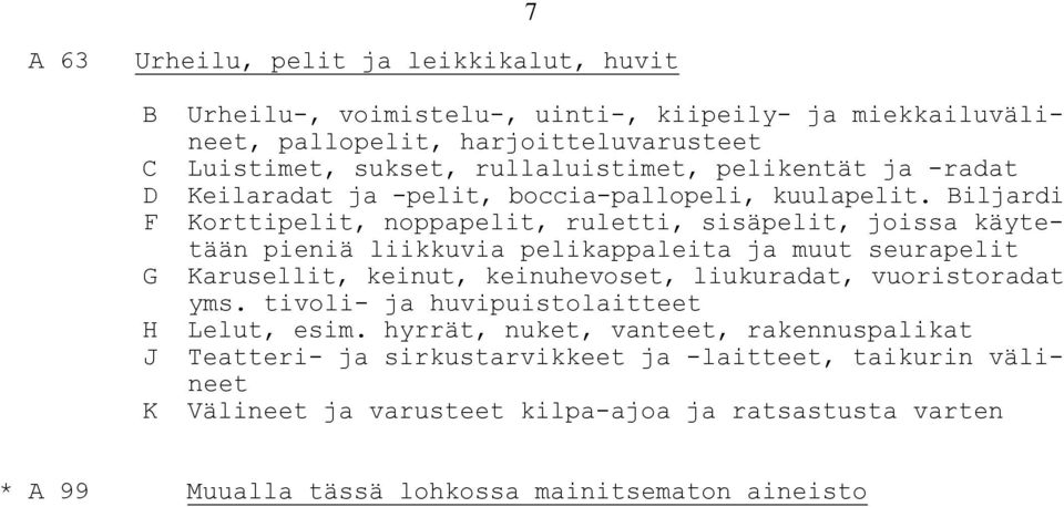 Biljardi F Korttipelit, noppapelit, ruletti, sisäpelit, joissa käytetään pieniä liikkuvia pelikappaleita ja muut seurapelit G Karusellit, keinut, keinuhevoset, liukuradat,