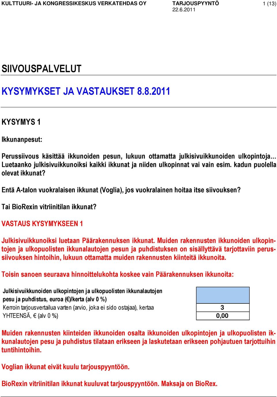 kadun puolella olevat ikkunat? Entä A-talon vuokralaisen ikkunat (Voglia), jos vuokralainen hoitaa itse siivouksen? Tai BioRexin vitriinitilan ikkunat?