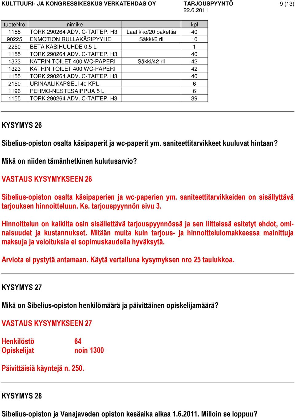 saniteettitarvikkeet kuuluvat hintaan? Mikä on niiden tämänhetkinen kulutusarvio? VASTAUS KYSYMYKSEEN 26 Sibelius-opiston osalta käsipaperien ja wc-paperien ym.