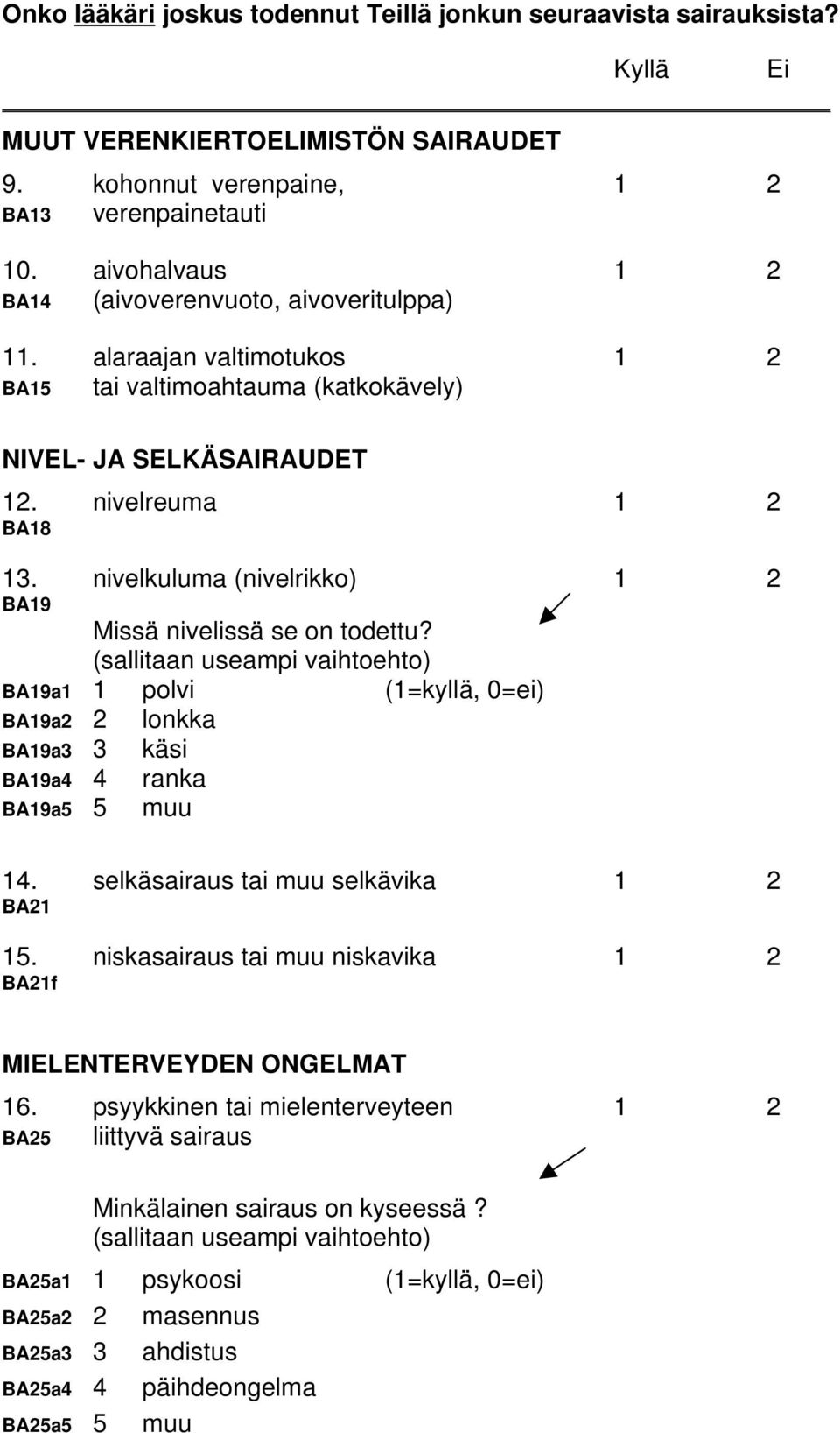 BA19 nivelkuluma (nivelrikko) 1 2 Missä nivelissä se on todettu? (sallitaan useampi vaihtoehto) BA19a1 1 polvi (1=kyllä, 0=ei) BA19a2 2 lonkka BA19a3 3 käsi BA19a4 4 ranka BA19a5 5 muu 14.