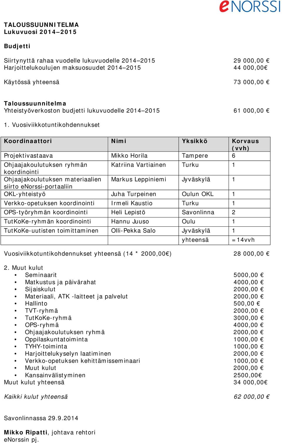 Vuosiviikkotuntikohdennukset Koordinaattori Nimi Yksikkö Korvaus (vvh) Projektivastaava Mikko Horila Tampere 6 Ohjaajakoulutuksen ryhmän Katriina Vartiainen Turku 1 koordinointi Ohjaajakoulutuksen