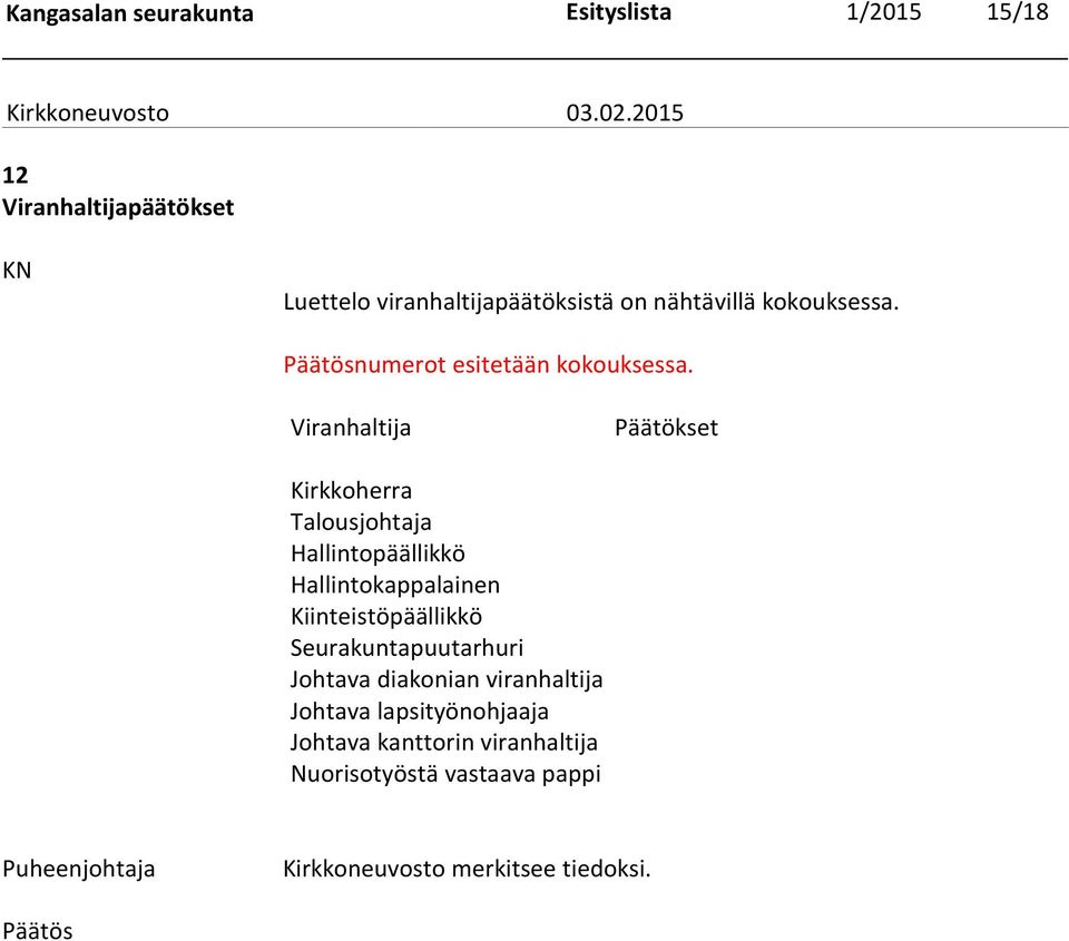 Viranhaltija Päätökset Kirkkoherra Talousjohtaja Hallintopäällikkö Hallintokappalainen Kiinteistöpäällikkö