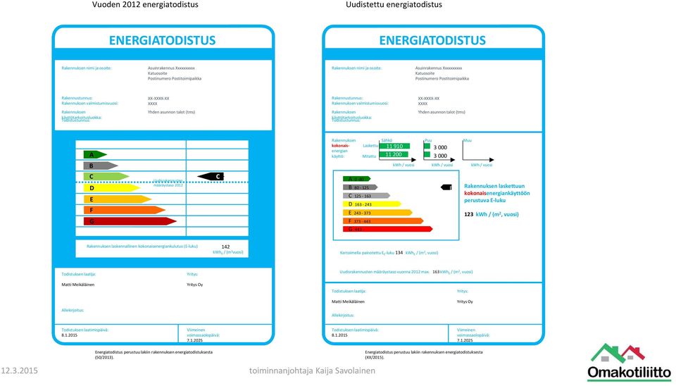 Rakennuksen käyttötarkoitusluokka: Todistustunnus: Yhden asunnon talot (tms) Rakennuksen käyttötarkoitusluokka: Todistustunnus: Yhden asunnon talot (tms) A B C D E F G Uudisrakennusten määräystaso