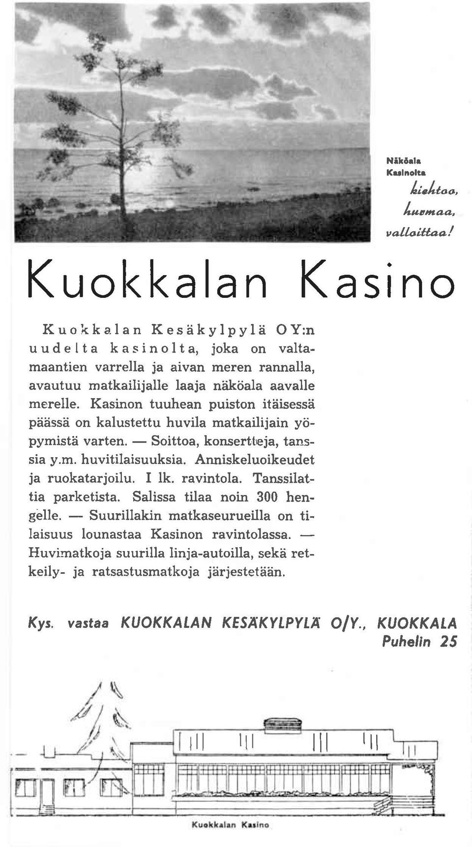 Kasinon tuuhean puiston itdisessii piiiissii on kalustettu huvila matkailijain yiipymistd varten. - Soittoa, konsertteja, tanssia y.m. huvitilaisuuksia.