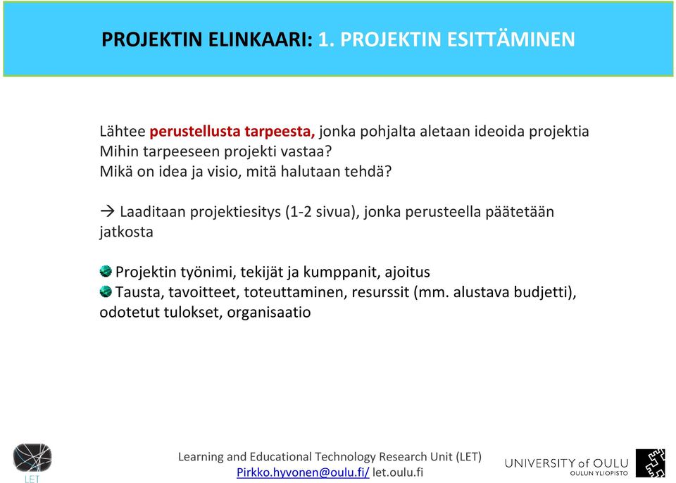 tarpeeseen projekti vastaa? Mikä on idea ja visio, mitä halutaan tehdä?