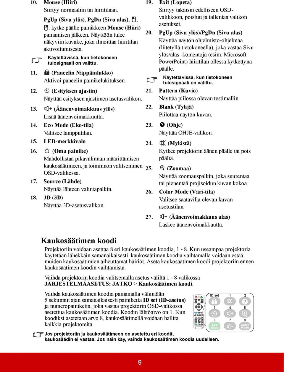 Käytettävissä, kun tietokoneen tulosignaali on valittu. 11. (Paneelin Näppäinlukko) Aktivoi paneelin painikelukituksen. 12. (Esityksen ajastin) Näyttää esityksen ajastimen asetusvalikon. 13.