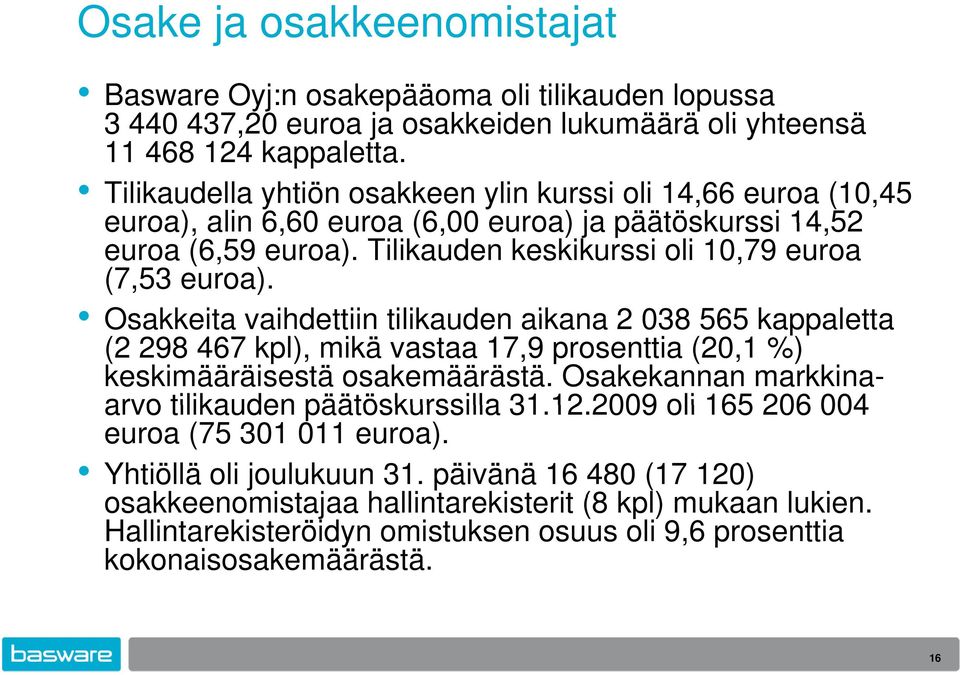 Osakkeita vaihdettiin tilikauden aikana 2 038 565 kappaletta (2 298 467 kpl), mikä vastaa 17,9 prosenttia (20,1 %) keskimääräisestä osakemäärästä.