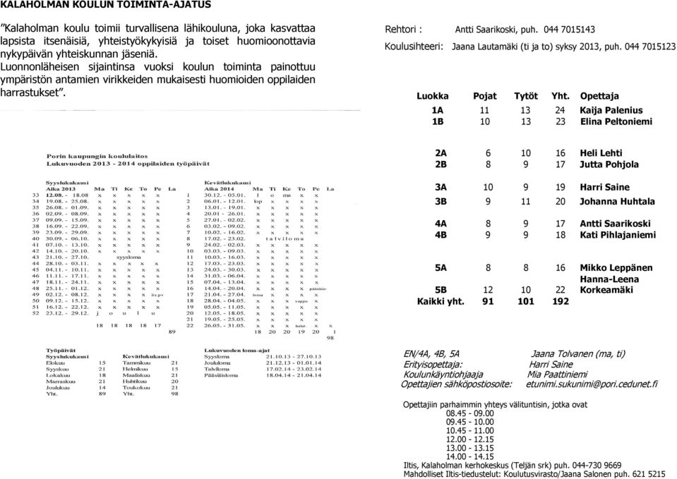 044 7015143 Koulusihteeri: Jaana Lautamäki (ti ja to) syksy 2013, puh. 044 7015123 Luokka Pojat Tytöt Yht.