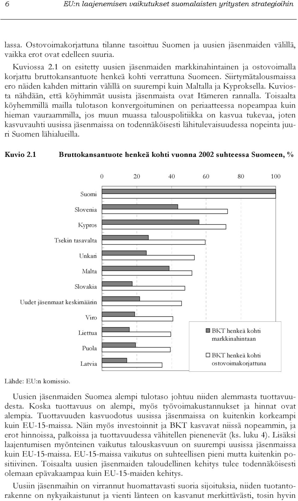 Siirtymätalousmaissa ero näiden kahden mittarin välillä on suurempi kuin Maltalla ja Kyproksella. Kuviosta nähdään, että köyhimmät uusista jäsenmaista ovat Itämeren rannalla.