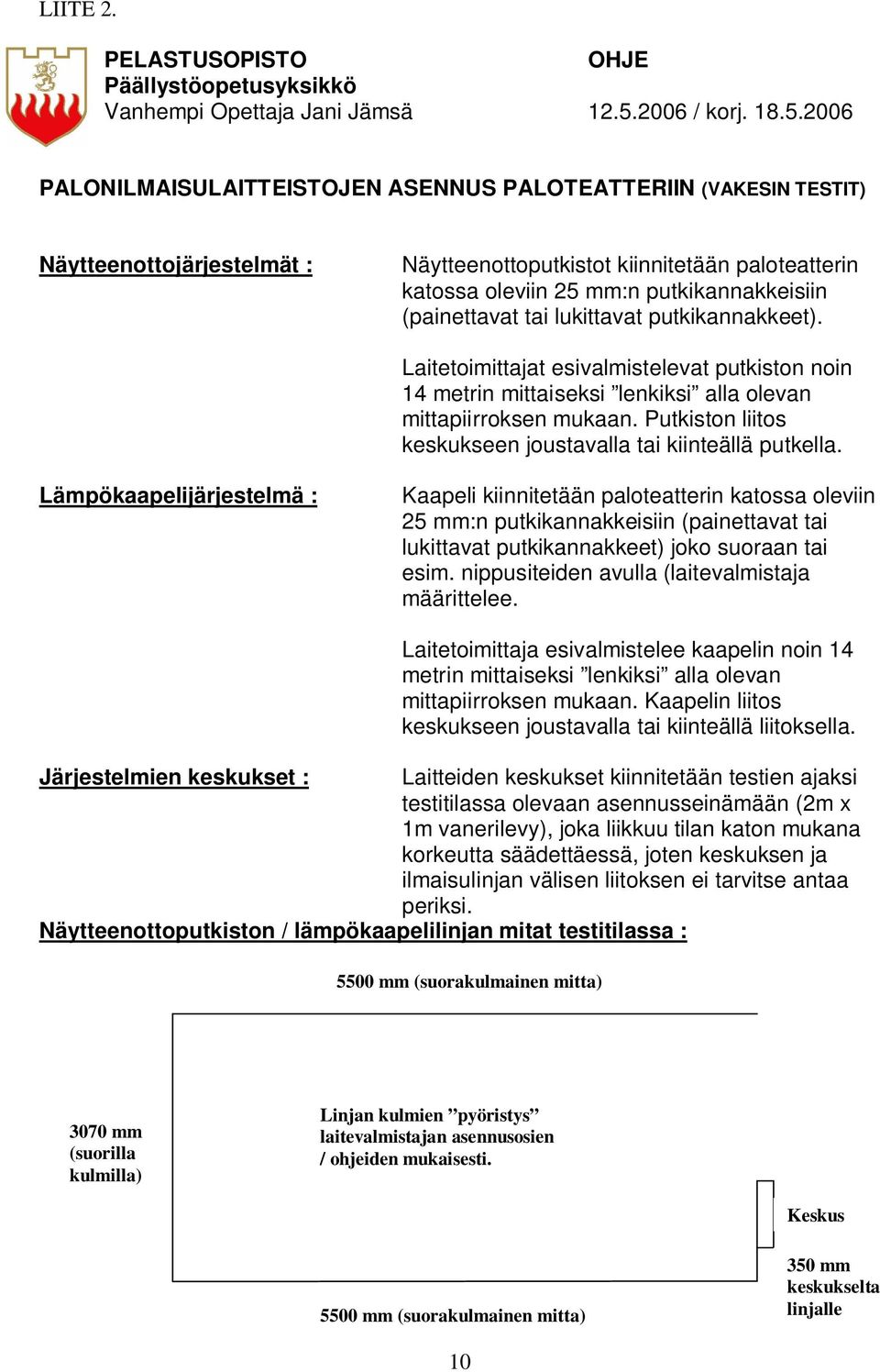 2006 PALONILMAISULAITTEISTOJEN ASENNUS PALOTEATTERIIN (VAKESIN TESTIT) Näytteenottojärjestelmät : Näytteenottoputkistot kiinnitetään paloteatterin katossa oleviin 25 mm:n putkikannakkeisiin