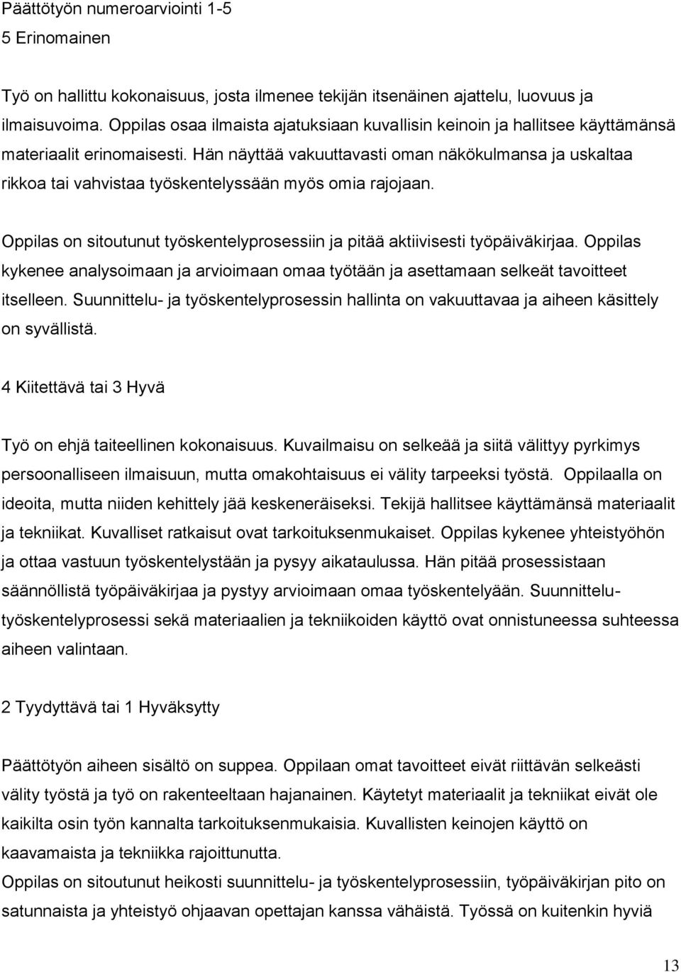 Hän näyttää vakuuttavasti oman näkökulmansa ja uskaltaa rikkoa tai vahvistaa työskentelyssään myös omia rajojaan. Oppilas on sitoutunut työskentelyprosessiin ja pitää aktiivisesti työpäiväkirjaa.