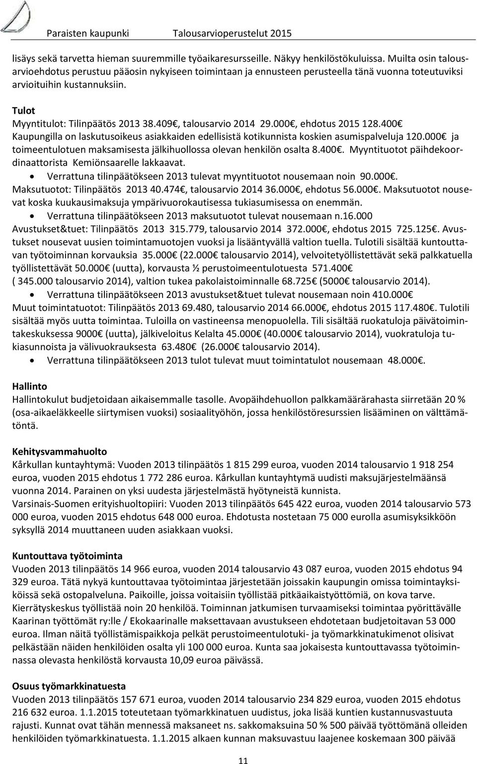 409, talousarvio 2014 29.000, ehdotus 2015 128.400 Kaupungilla on laskutusoikeus asiakkaiden edellisistä kotikunnista koskien asumispalveluja 120.