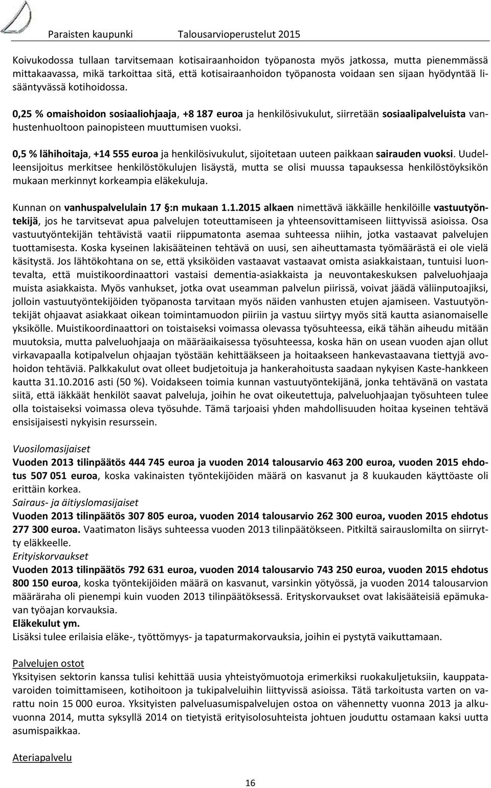 0,5 % lähihoitaja, +14 555 euroa ja henkilösivukulut, sijoitetaan uuteen paikkaan sairauden vuoksi.