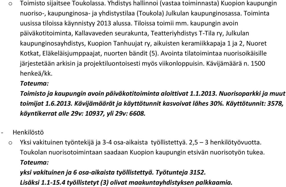 kaupungin avoin päiväkotitoiminta, Kallavaveden seurakunta, Teatteriyhdistys T-Tila ry, Julkulan kaupunginosayhdistys, Kuopion Tanhuujat ry, aikuisten keramiikkapaja 1 ja 2, Nuoret Kotkat,