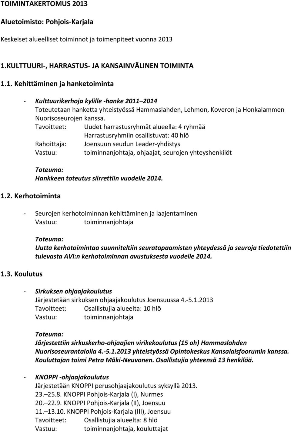 Kerhotoiminta 1.3. Koulutus Hankkeen toteutus siirrettiin vuodelle 2014.