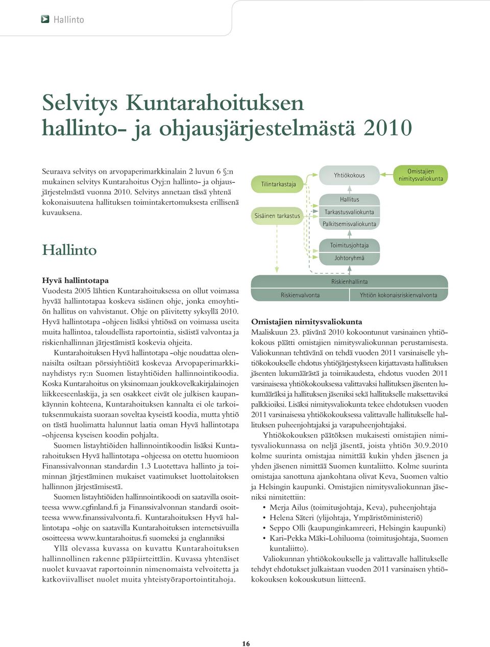 Tilintarkastaja Sisäinen tarkastus Yhtiökokous Hallitus Tarkastusvaliokunta Palkitsemisvaliokunta Omistajien nimitysvaliokunta hallinto Toimitusjohtaja Johtoryhmä Hyvä hallintotapa Vuodesta 2005