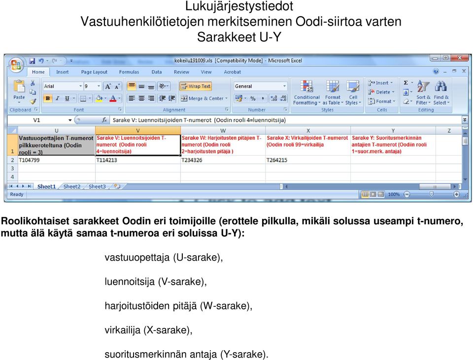 t-numero, mutta älä käytä samaa t-numeroa eri soluissa U-Y): vastuuopettaja (U-sarake),