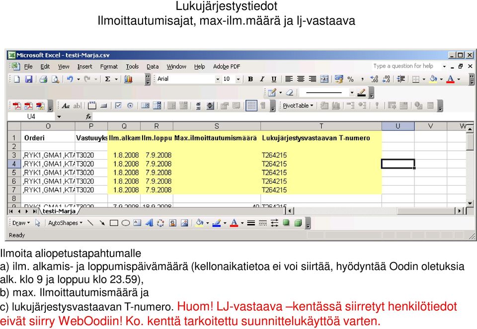 klo 9 ja loppuu klo 23.59), b) max. Ilmoittautumismäärä ja c) lukujärjestysvastaavan T-numero. Huom!