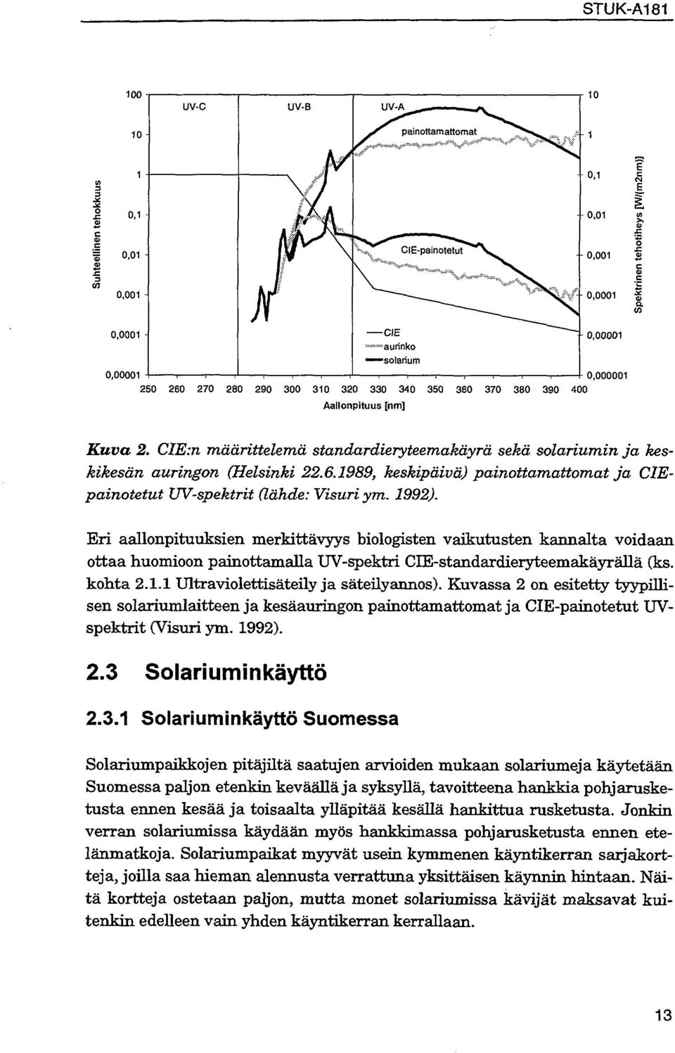 Eri aallonpituuksien merkittävyys biologisten vaikutusten kannalta voidaan ottaa huomioon painottamalla UV-spektri CIE-standardieryteemakäyrällä (ks. kohta 2.. Ultraviolettisäteilyjä säteilyannos).