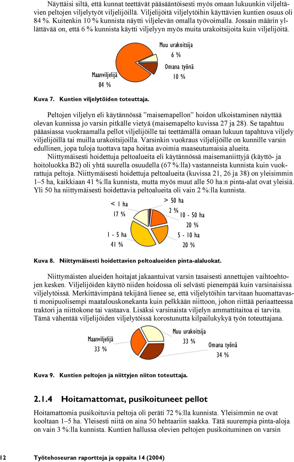 Maanviljelijä 84 % Muu urakoitsija 6 % Omana työnä 10 % Kuva 7. Kuntien viljelytöiden toteuttaja.