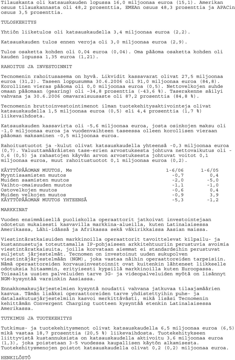 Oma pääoma osaketta kohden oli kauden lopussa 1,35 euroa (1,21). RAHOITUS JA INVESTOINNIT Tecnomenin rahoitusasema on hyvä. Likvidit kassavarat olivat 27,5 miljoonaa euroa (31,2).